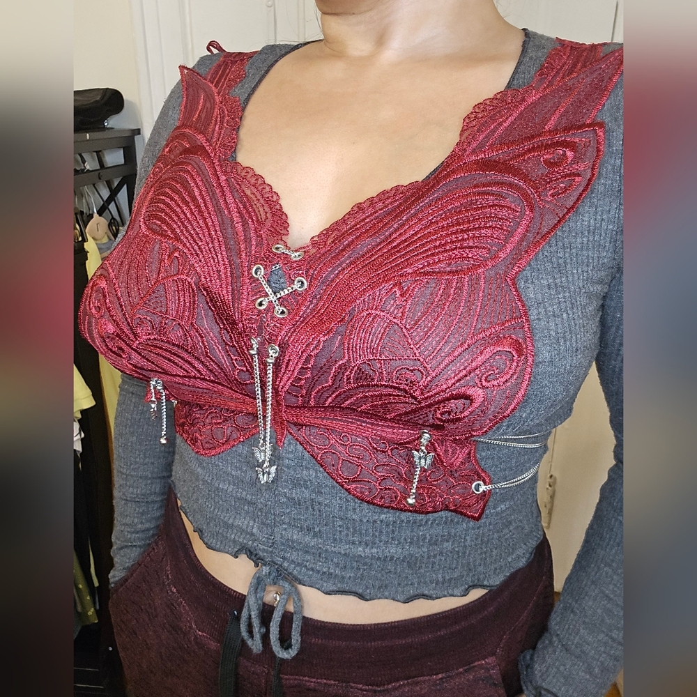 Red Butterfly Lace Corset Top w/ Silver Chains | Gothic Fairy Grunge | Adjust